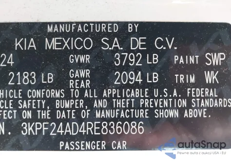 2024 Kia Forte Lxs z USA, uszkodzony, nr VIN 3KPF24AD4RE836086